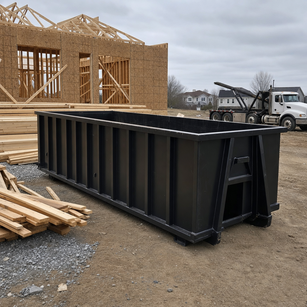 Matte-black 40-yard roll-off dumpster staged on a framed-out residential construction site in Bellingham, framing lumber stacked nearby, hooklift delivery truck visible in the background under bright Colorado daylight