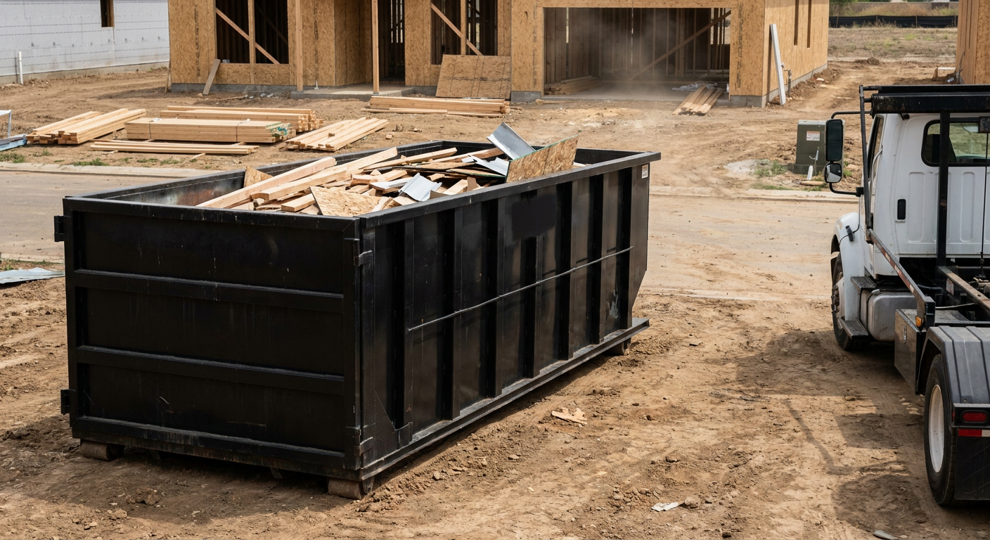 Matte-black 20-yard roll-off construction dumpster with heavy ribbed steel sidewalls and swing rear doors at a working jobsite in Bellingham, sitting directly on compacted dirt with an unmarked white hauler partially visible at the far edge of the frame.