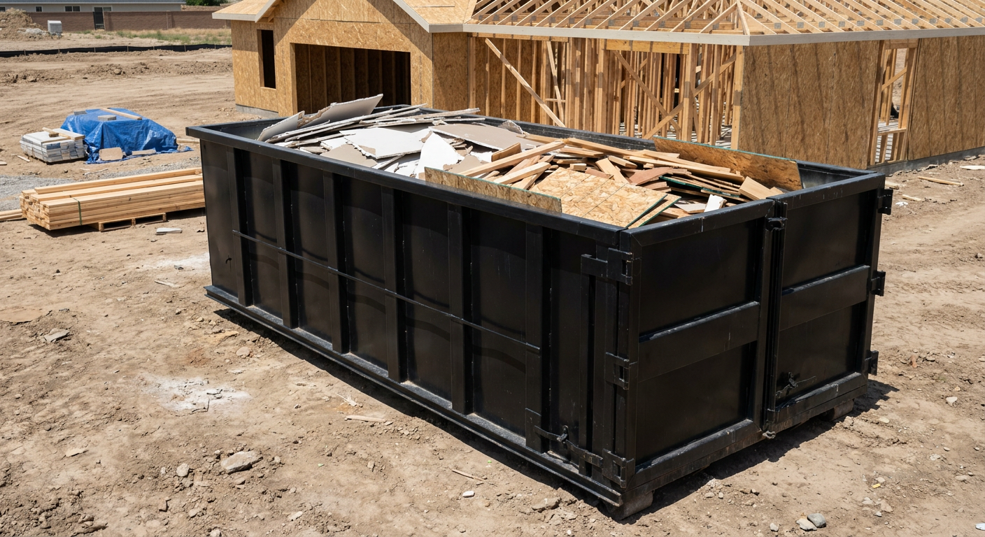 Matte-black 30-yard roll-off construction dumpster sitting directly on the compacted-dirt site of a framed single-family home build in Bellingham, drywall and lumber scrap loaded inside.