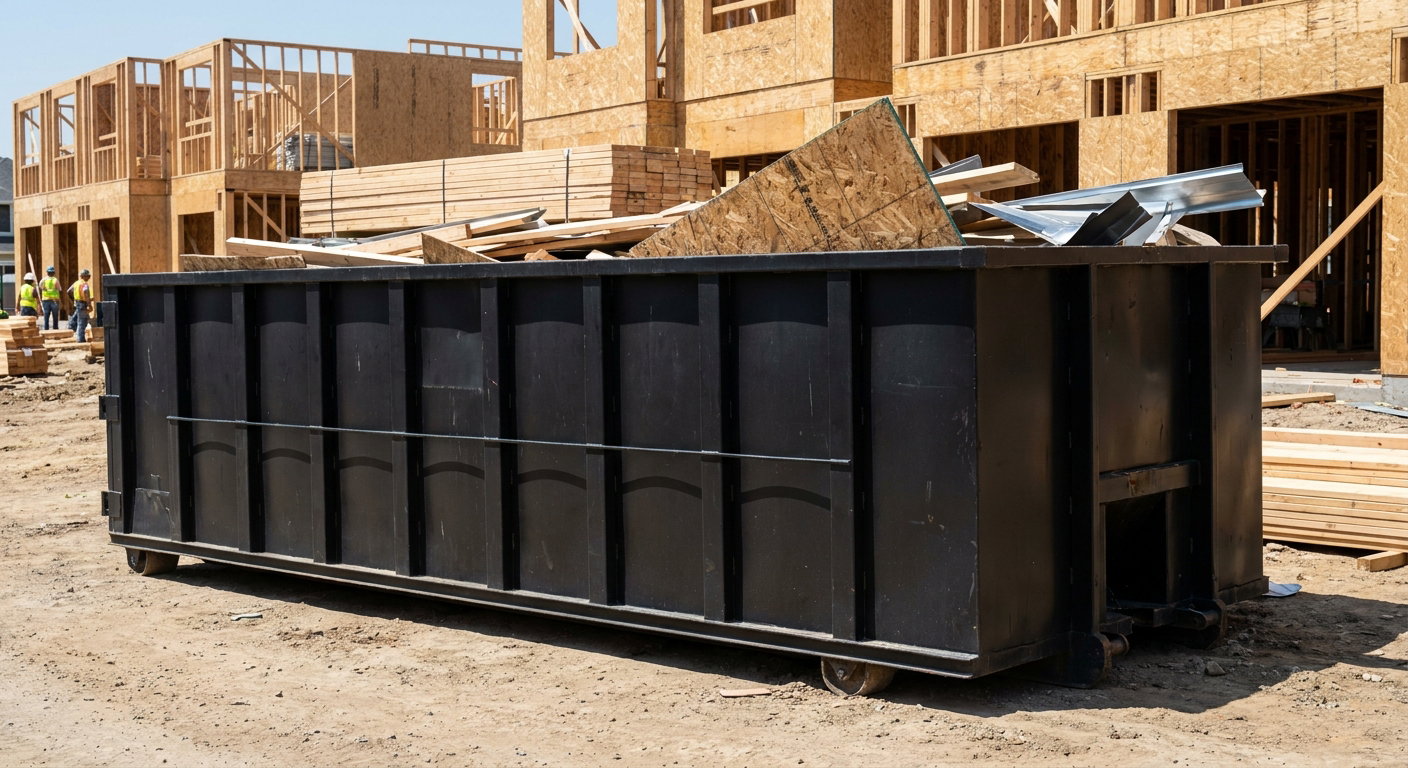 Matte-black 40-yard roll-off construction dumpster being lowered from a white-cab hooklift delivery truck onto the compacted-dirt jobsite at a commercial build site in Bellingham
