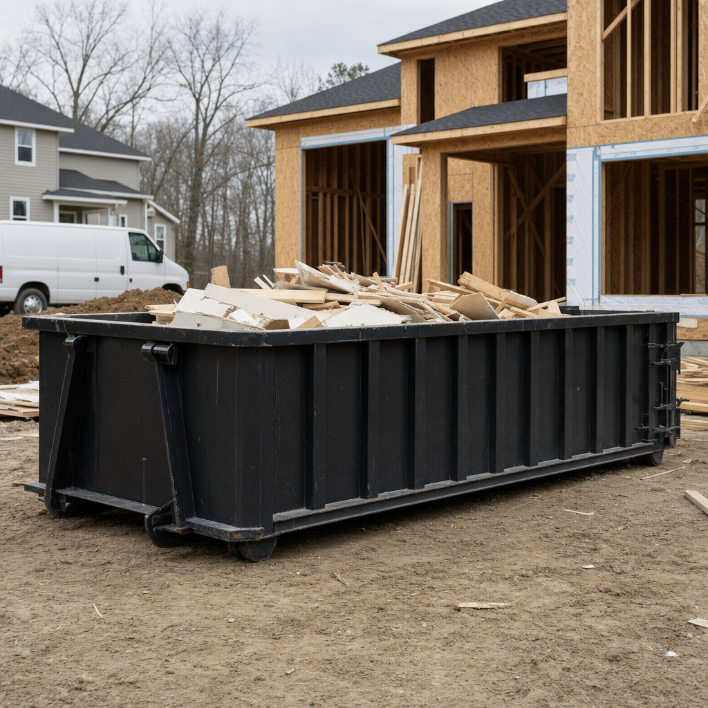 Worker in a yellow high-visibility vest tossing framing lumber and broken drywall into a matte-black 30-yard construction roll-off dumpster on an active build site in Bellingham, bright daylight