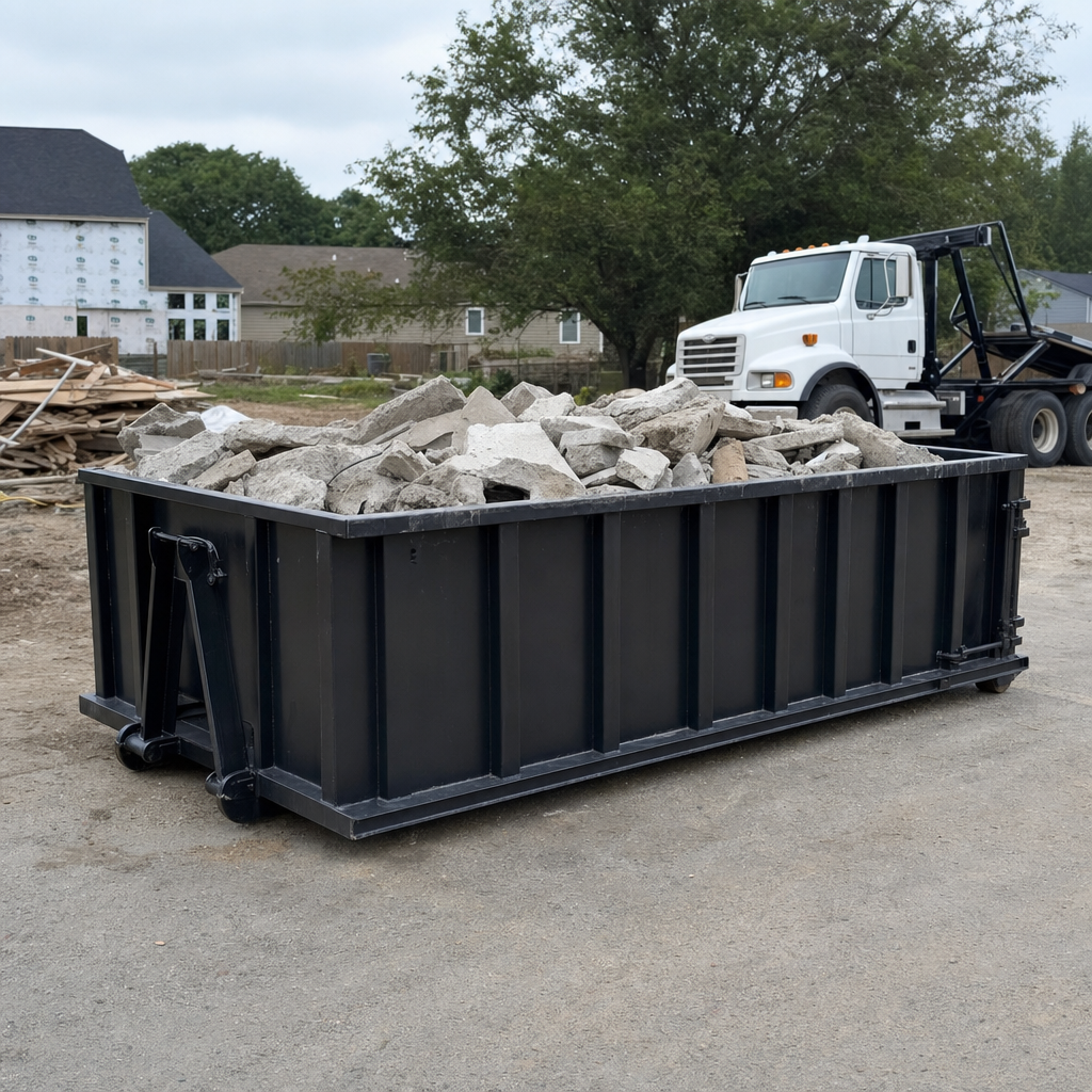 Low-profile matte-black lowboy roll-off dumpster loaded with broken concrete slab and rebar at a foundation tear-out in Bellingham, skid steer parked beside it, sunny Colorado morning