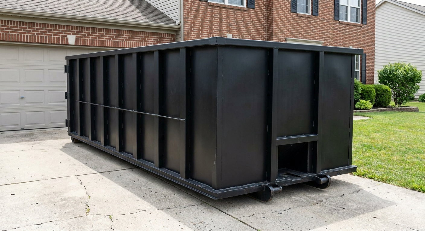 Matte-black 20-yard roll-off container on a Bellingham residential concrete driveway with reinforced ribbed steel sidewalls and a hinged rear walk-in door, clean bright daylight.