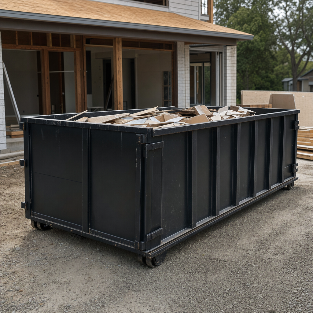 Large matte-black 30-yard construction roll-off dumpster at an active Bellingham jobsite, steel-gray top rails and bottom rollers visible, loaded with construction debris.