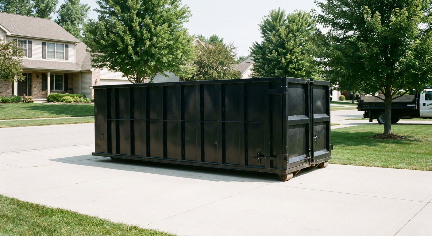 Matte-black 20-yard roll-off dumpster sitting level on a clean Bellingham residential concrete driveway under bright daylight, demonstrating clean placement directly on the concrete.
