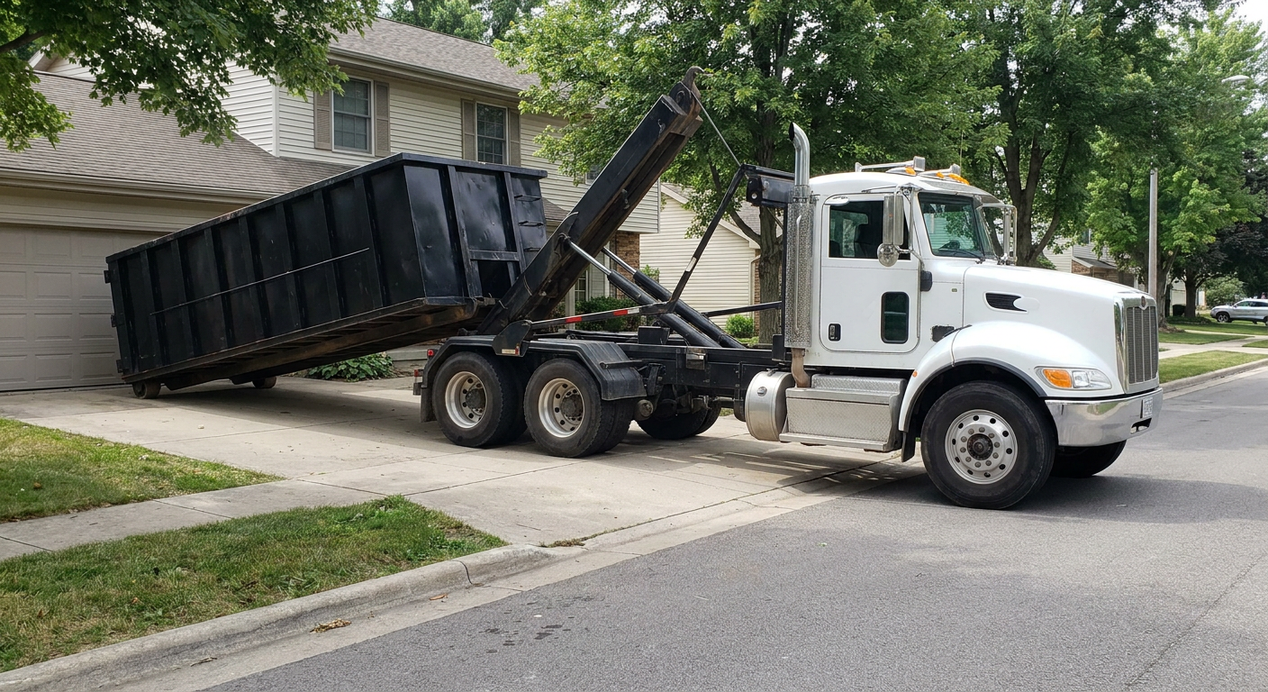 White-cab hooklift roll-off truck actively lowering a matte-black dumpster onto a Bellingham residential concrete driveway, the dumpster's rear wheels touching the driveway as the hoist arm tilts the bed forward, mid-morning daylight.