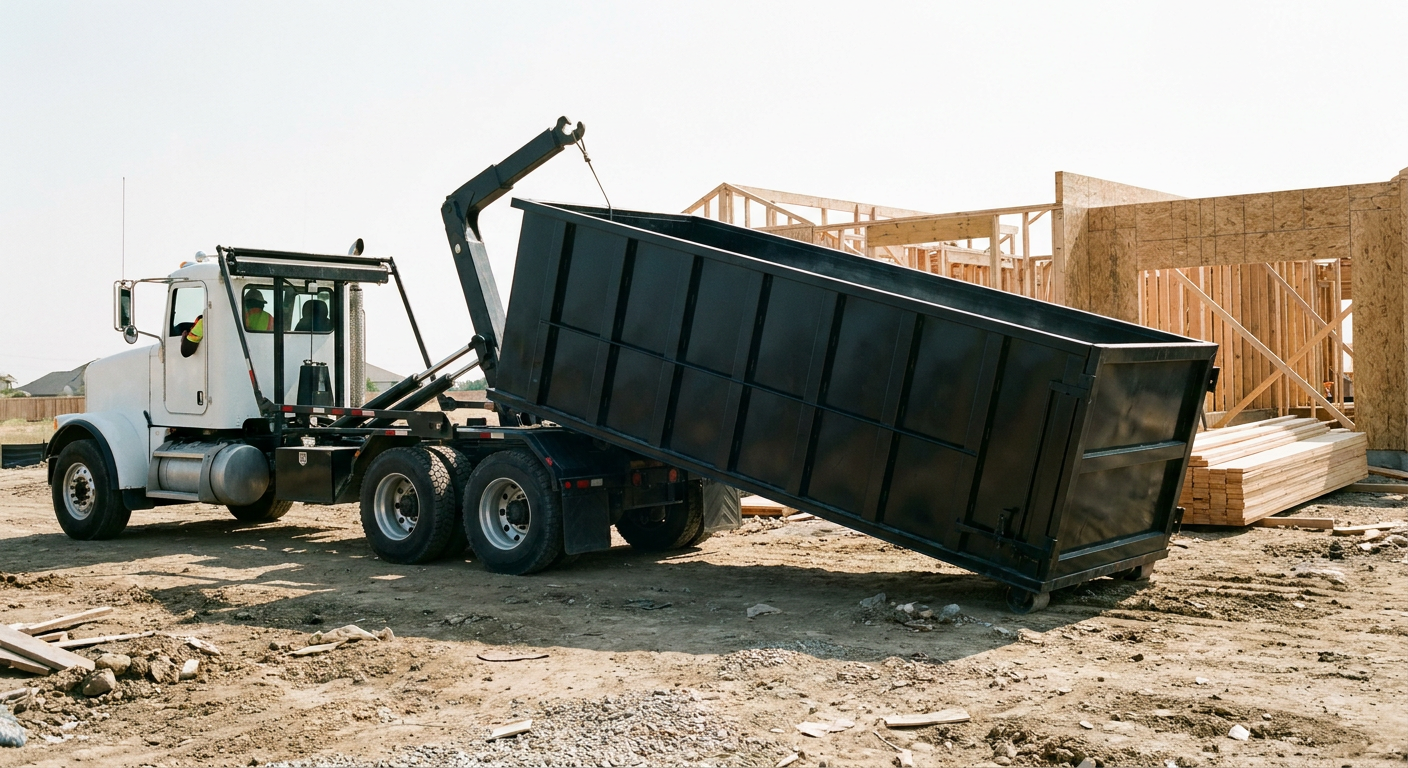 Matte-black roll-off dumpster being delivered onto a clean residential concrete driveway in Bellingham by an unmarked white hooklift hauler truck, bright morning daylight, documentary 35mm perspective.
