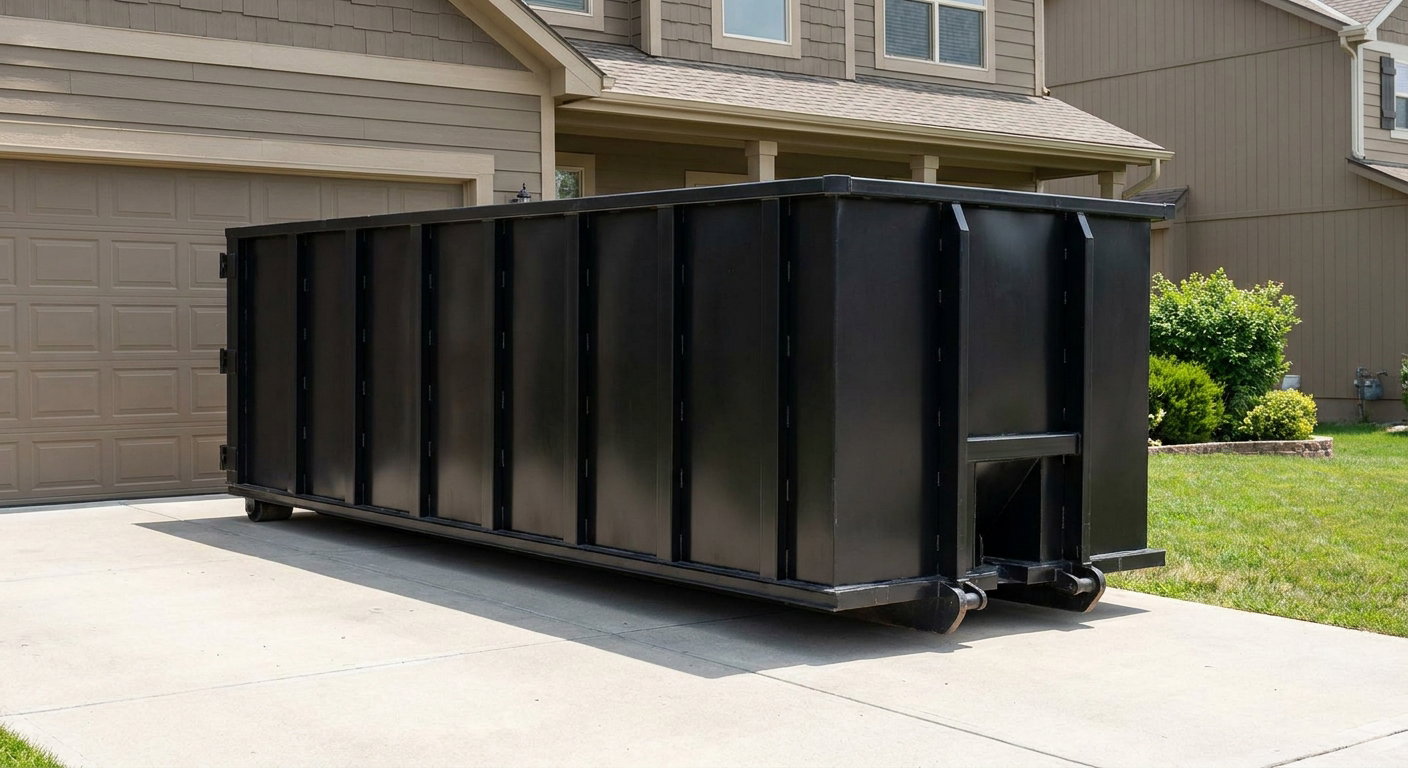 Matte-black residential roll-off dumpster sitting directly on a suburban Bellingham concrete driveway, garage door closed, single-family home in background, bright morning daylight.