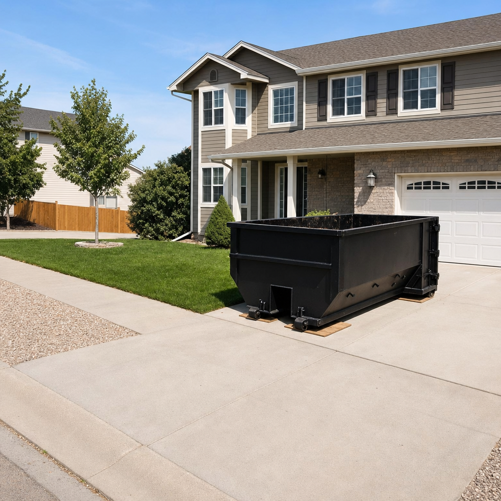 10-yard matte-black residential dumpster placed directly on a narrow Bellingham concrete driveway, room remains for a parked sedan beside it, mid-morning natural light