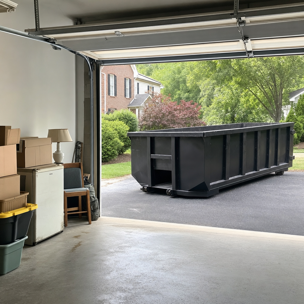 Open garage interior in a Bellingham home mid-cleanout — boxed items, an old appliance, and stacked yard tools queued near the driveway for a matte-black roll-off dumpster, organized and calm