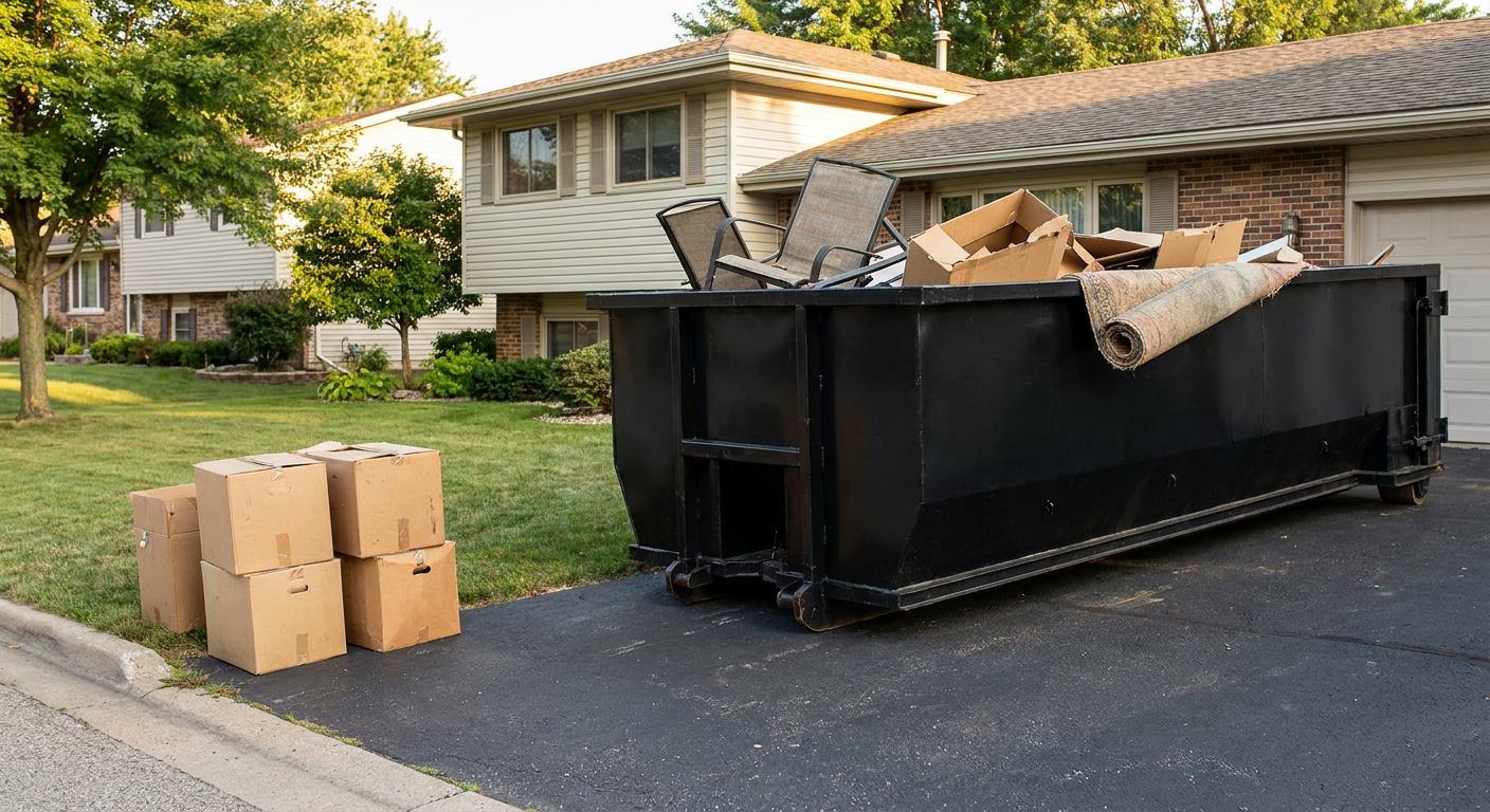 Front-yard view of a Bellingham split-level home with a 20-yard matte-black roll-off dumpster sitting directly on the asphalt driveway, a few clearly labeled donation boxes staged at the curb, calm sunny afternoon.