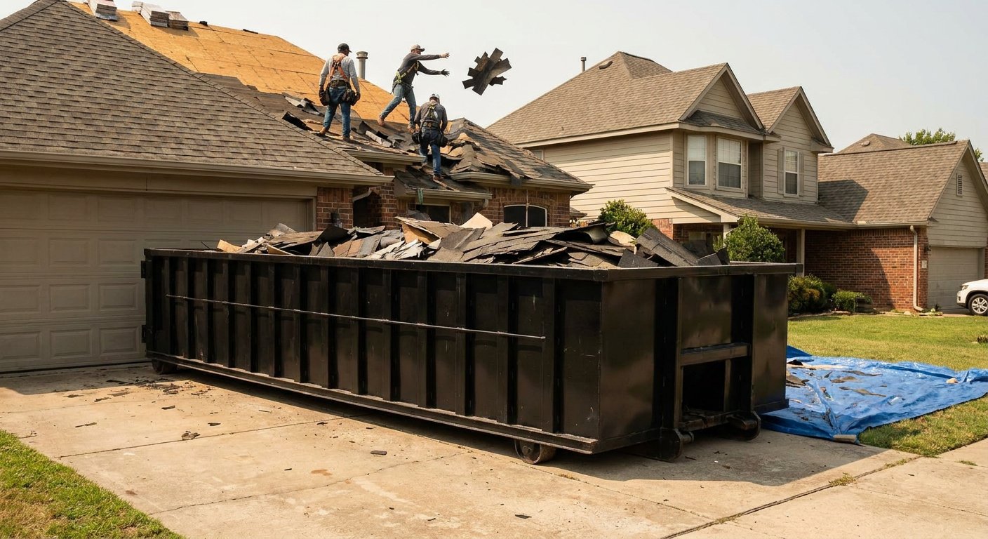 Matte-black roofing roll-off dumpster placed directly on a Bellingham residential concrete driveway, a tear-off crew on a two-story asphalt-shingle roof tossing shingle bundles into the low-walled container, bright daylight, documentary 35mm perspective.