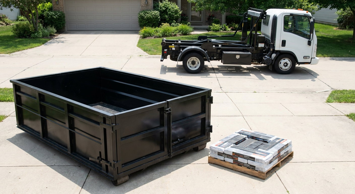 Matte-black 15-yard roofing roll-off dumpster with reinforced low side walls sitting directly on a Bellingham residential concrete driveway, three-tab asphalt shingle bundles stacked nearby, an unmarked white hauler truck partially visible at the edge of the frame.