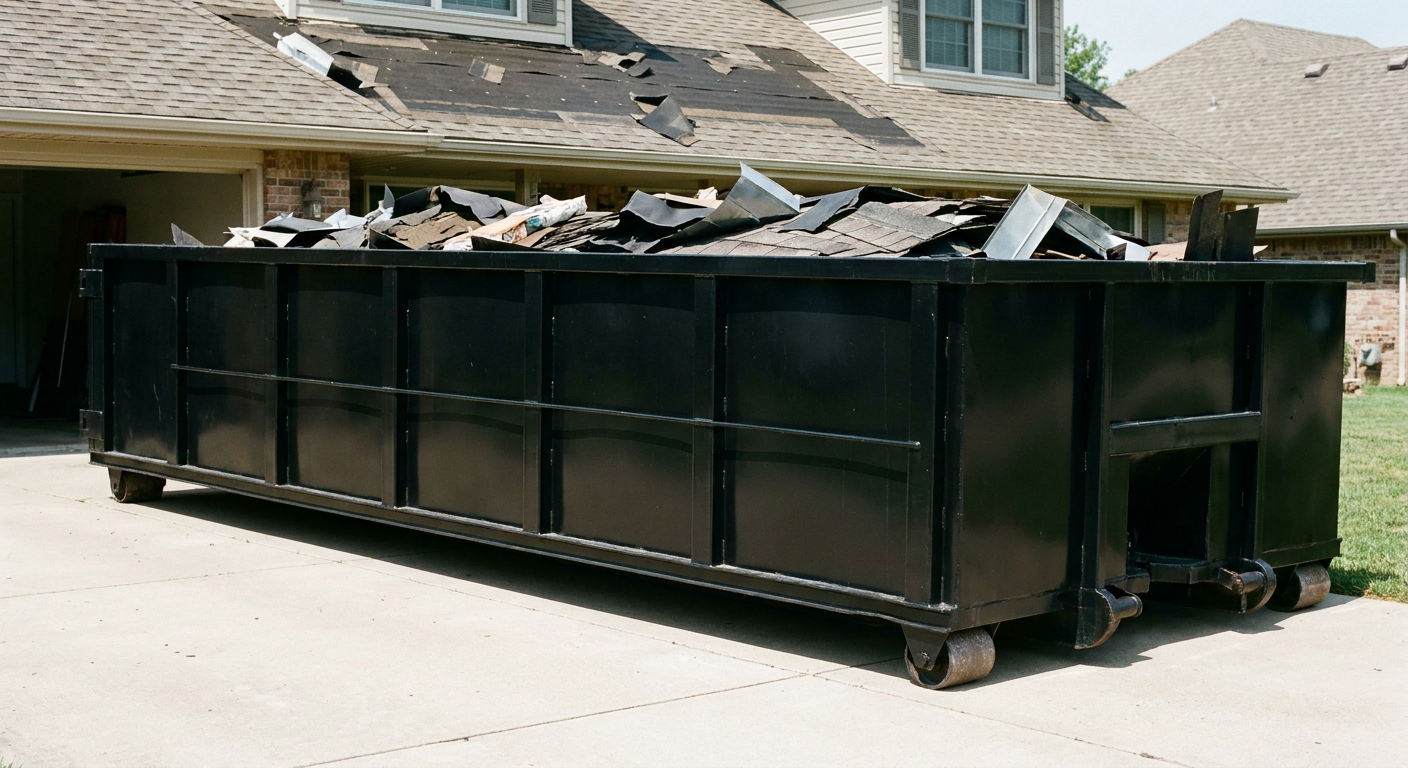 Matte-black 20-yard roofing roll-off dumpster with steel ribbed sides and swinging rear door, sitting directly on the concrete driveway of a two-story Bellingham home, asphalt shingle debris being loaded over the low wall, clean documentary lighting.