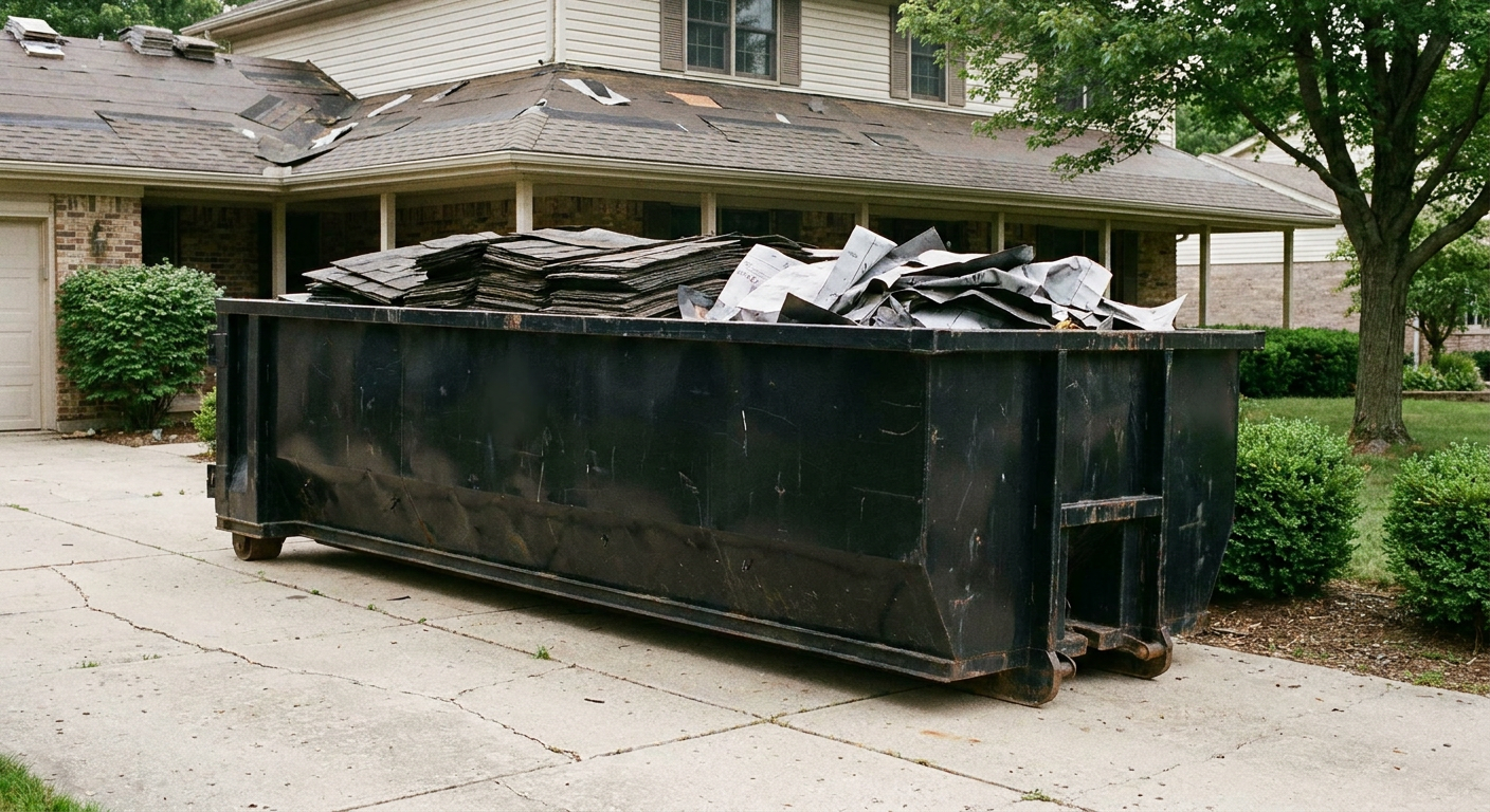 Matte-black 30-yard roofing roll-off dumpster sitting directly on a Bellingham concrete driveway, taller ribbed steel side panels, mixed tear-off debris of asphalt shingles and underlayment inside, professional documentary daylight.