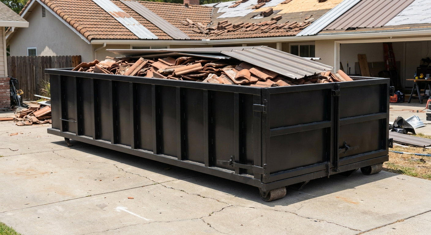 Matte-black low-wall heavy-debris roofing roll-off dumpster sitting directly on a Bellingham concrete driveway, broken concrete clay roof tiles and metal panel sections loaded inside, reinforced ribbed steel side walls visible, bright outdoor daylight.