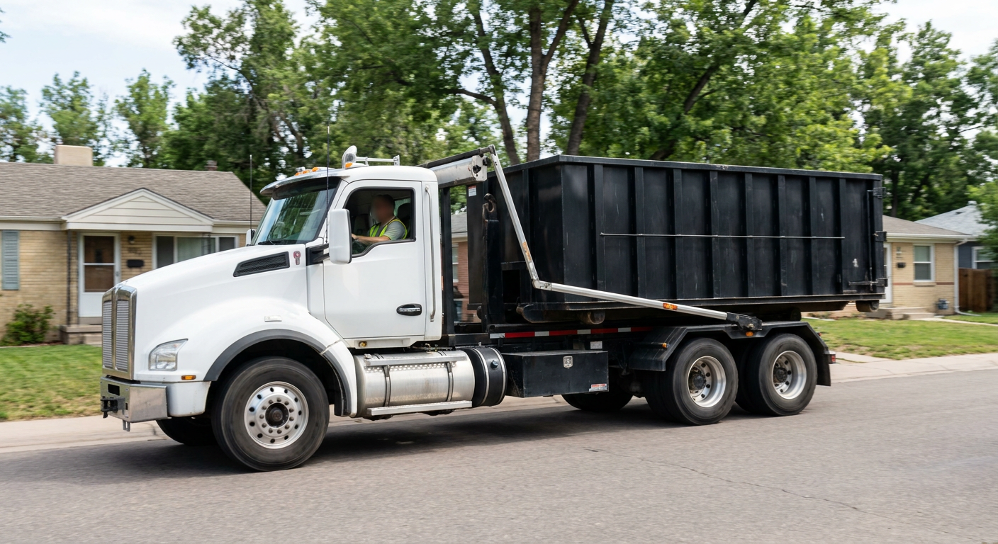 A wide documentary shot of a matte-black roll-off delivery truck pulling onto a quiet Bellingham residential street at mid-morning, with neighborhood rooftops and tree-lined blocks visible behind, showing the metro coverage footprint.
