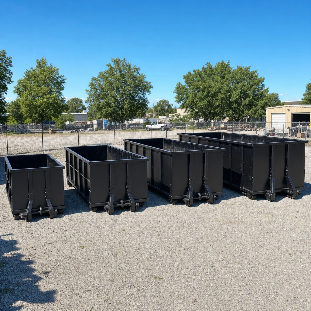 A clean lineup of matte-black roll-off dumpsters in 10, 20, 30, and 40-yard sizes staged on a sunlit gravel yard in Bellingham, showing the size progression from compact to commercial-scale containers.