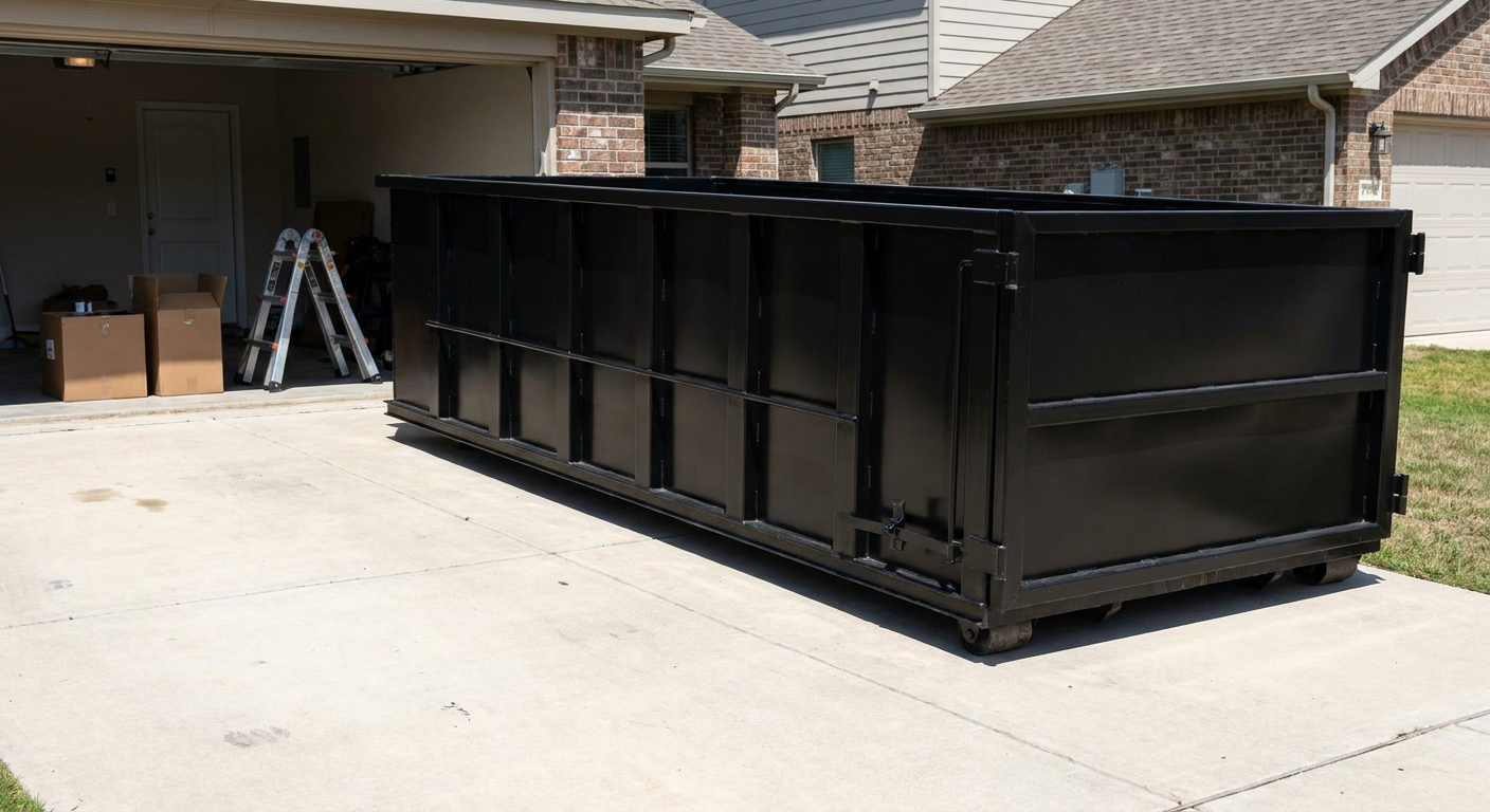A matte-black 10-yard roll-off dumpster sitting directly on a residential Bellingham concrete driveway, mid-day sunlight, clean and ready for a garage cleanout.