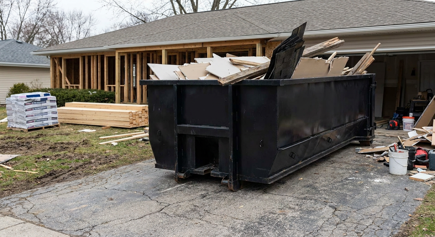 A matte-black 20-yard roll-off dumpster placed alongside a mid-renovation Bellingham home directly on the asphalt driveway, with framing materials and torn-off shingles staged neatly nearby.