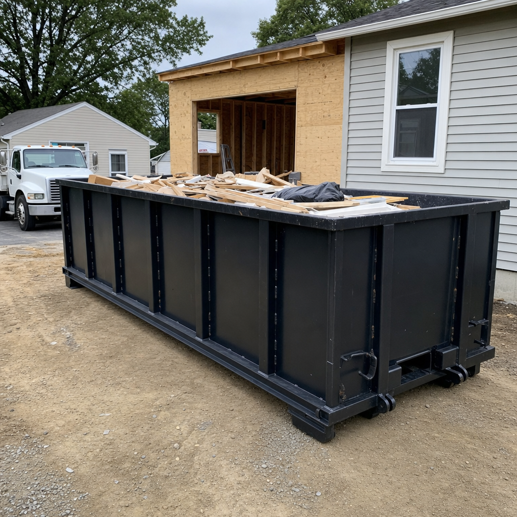 A matte-black 30-yard roll-off dumpster positioned at a Bellingham residential addition jobsite, with framing lumber and drywall scraps loaded through the open swinging rear doors.