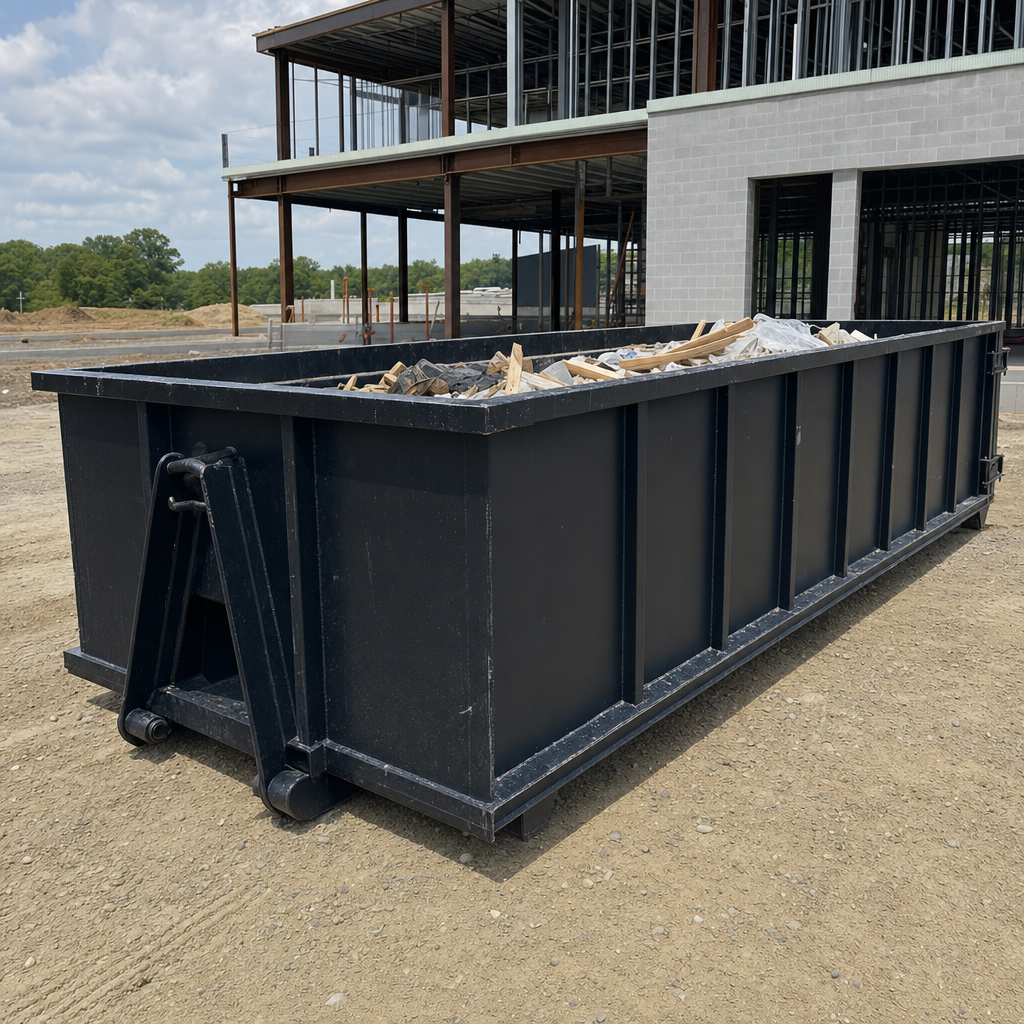 A matte-black 40-yard roll-off dumpster staged on a large Bellingham commercial construction lot, with a hooklift delivery truck parked alongside under bright midday sky.