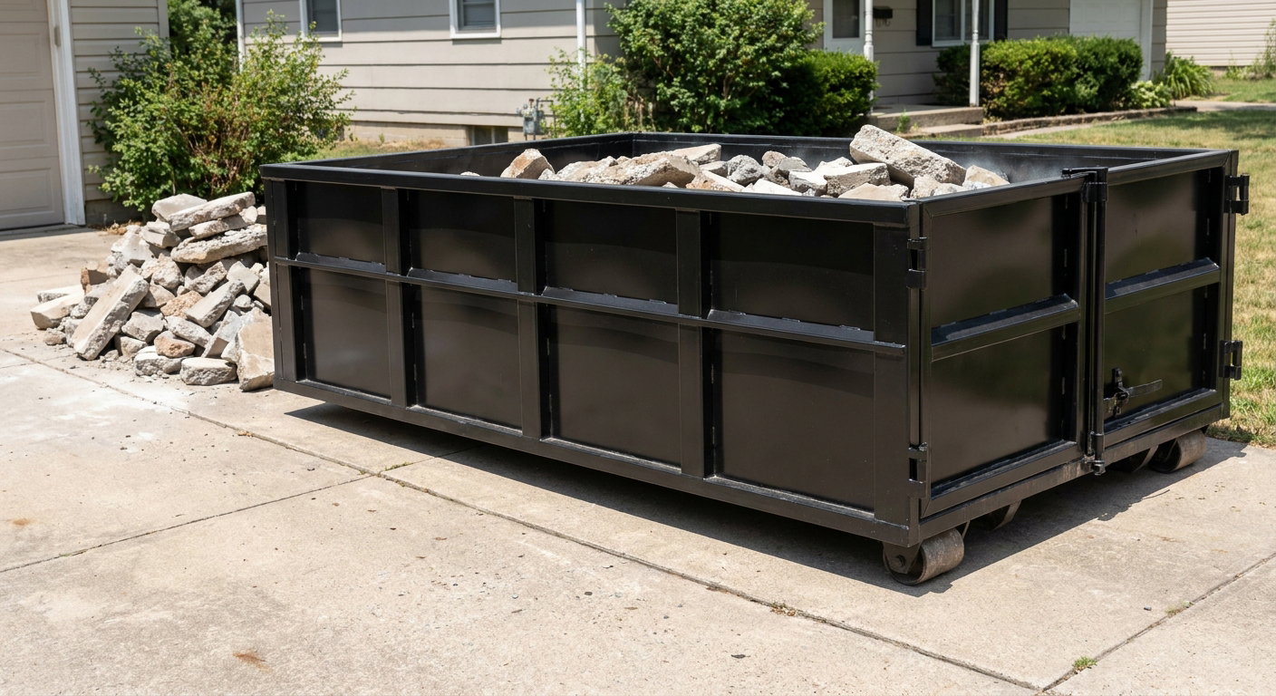 A matte-black low-side heavy-debris roll-off dumpster placed directly on a Bellingham concrete driveway, with broken concrete chunks neatly stacked beside it under clean daylight.